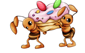 Dos hormigas cargando un trozo de tarta 